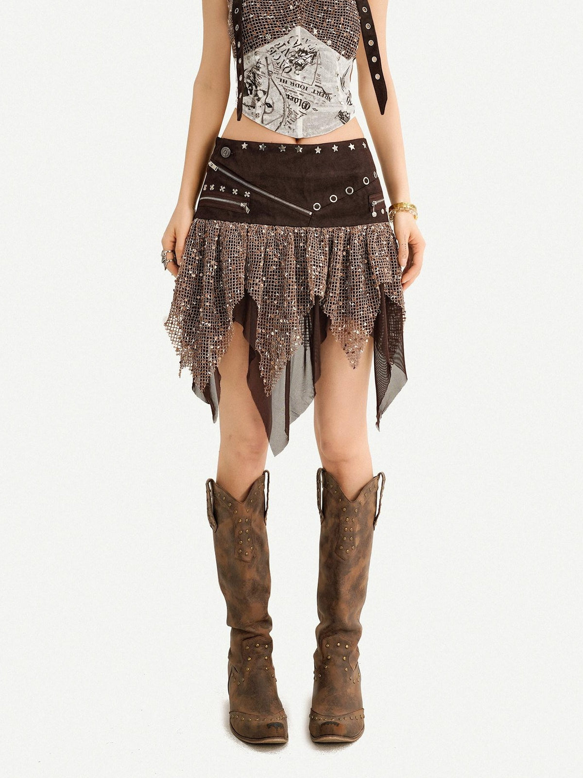 Nico Molly Y2k Studded Halter Crop Top Fringe Print Asymmetric Women&