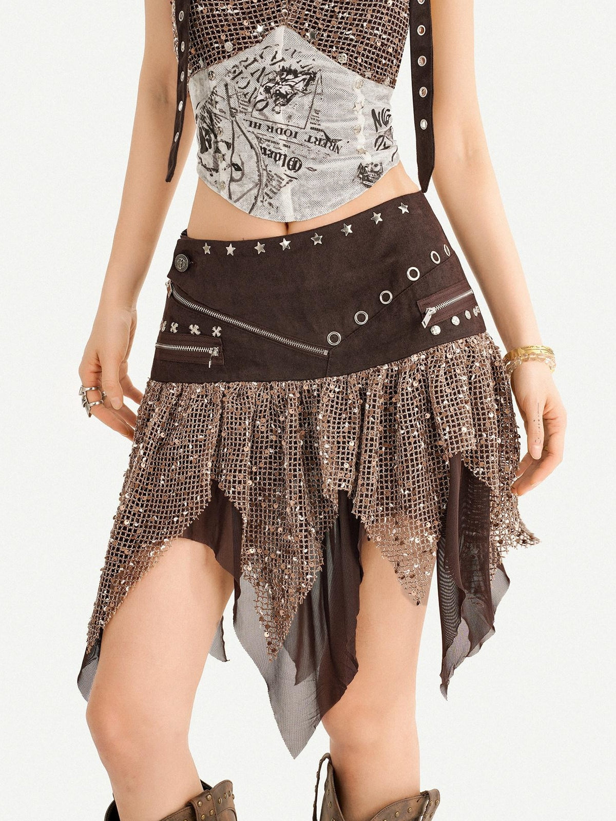 Nico Molly Y2k Studded Halter Crop Top Fringe Print Asymmetric Women&