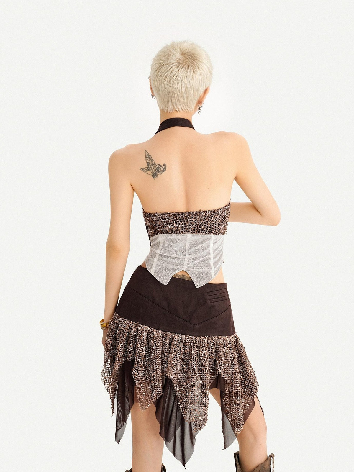 Nico Molly Y2k Studded Halter Crop Top Fringe Print Asymmetric Women&