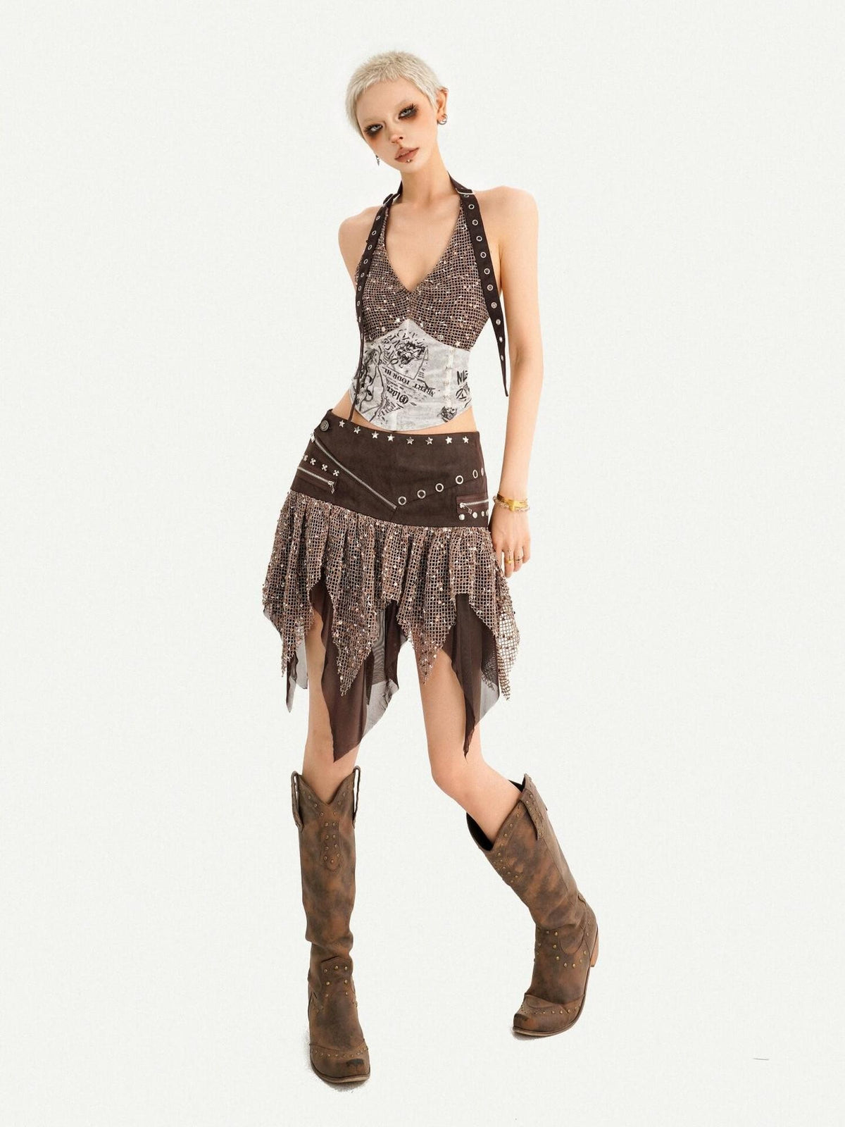 Nico Molly Y2k Studded Halter Crop Top Fringe Print Asymmetric Women&