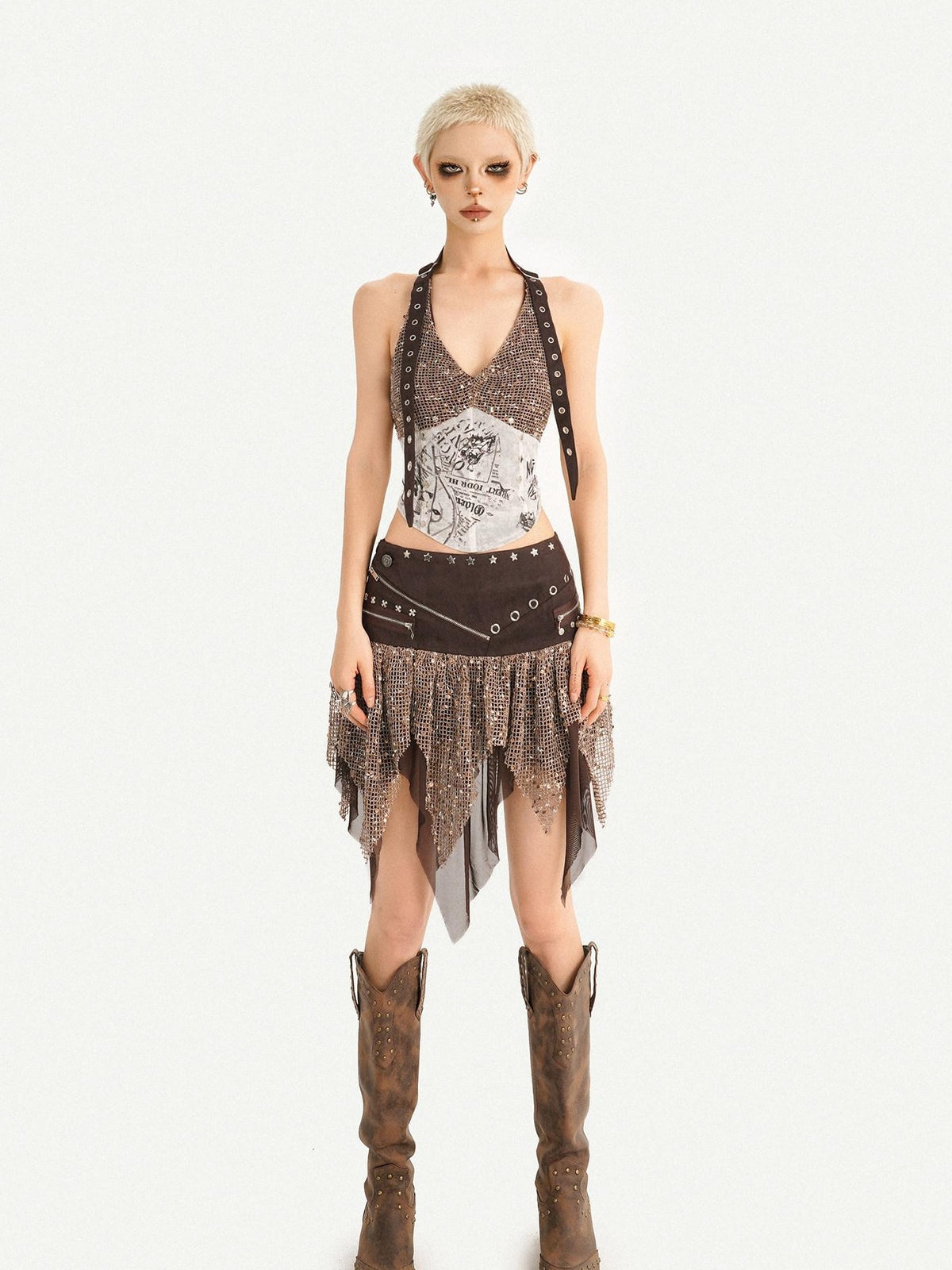 Nico Molly Y2k Studded Halter Crop Top Fringe Print Asymmetric Women&