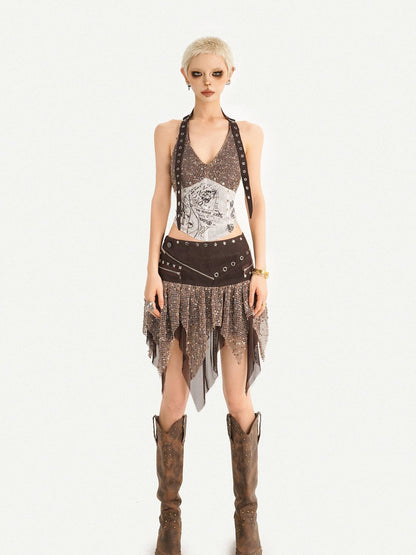 Nico Molly Y2k Studded Halter Crop Top Fringe Print Asymmetric Women&