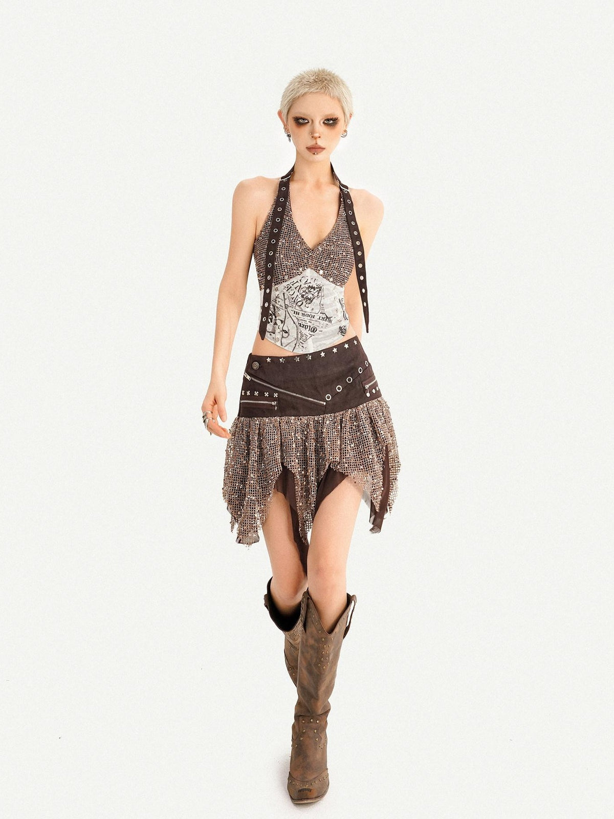 Nico Molly Y2k Studded Halter Crop Top Fringe Print Asymmetric Women&