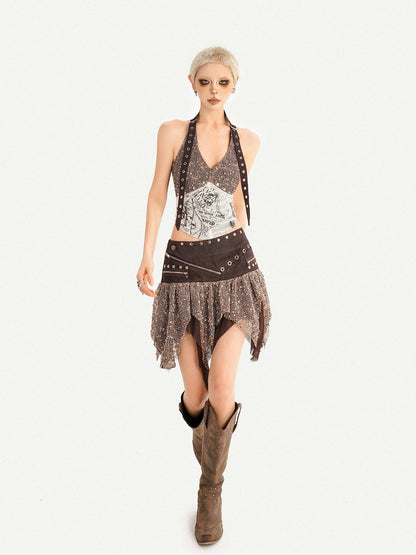 Nico Molly Y2k Studded Halter Crop Top Fringe Print Asymmetric Women&