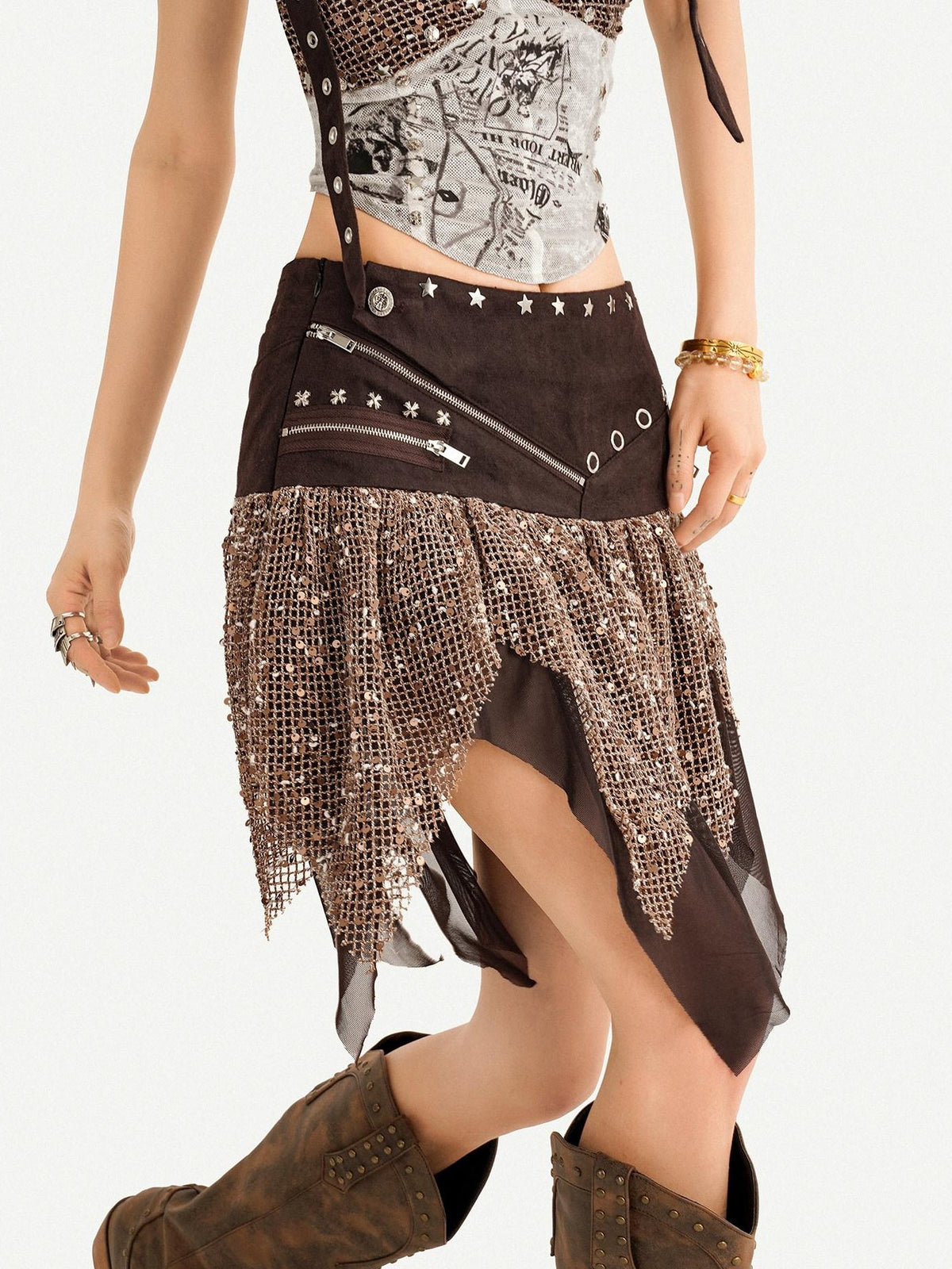 Nico Molly Y2k Studded Halter Crop Top Fringe Print Asymmetric Women&