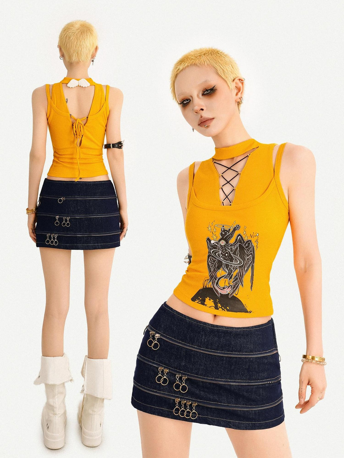 Nico Molly Yellow Printed Tie Front Padded Slim Fit Women&