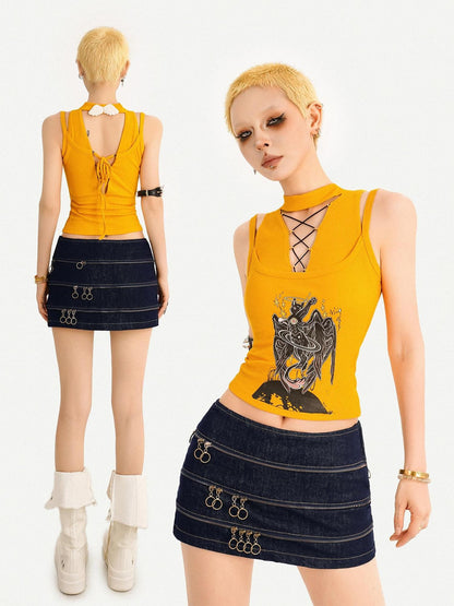 Nico Molly Yellow Printed Tie Front Padded Slim Fit Women&