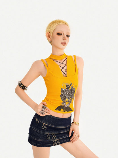 Nico Molly Yellow Printed Tie Front Padded Slim Fit Women&