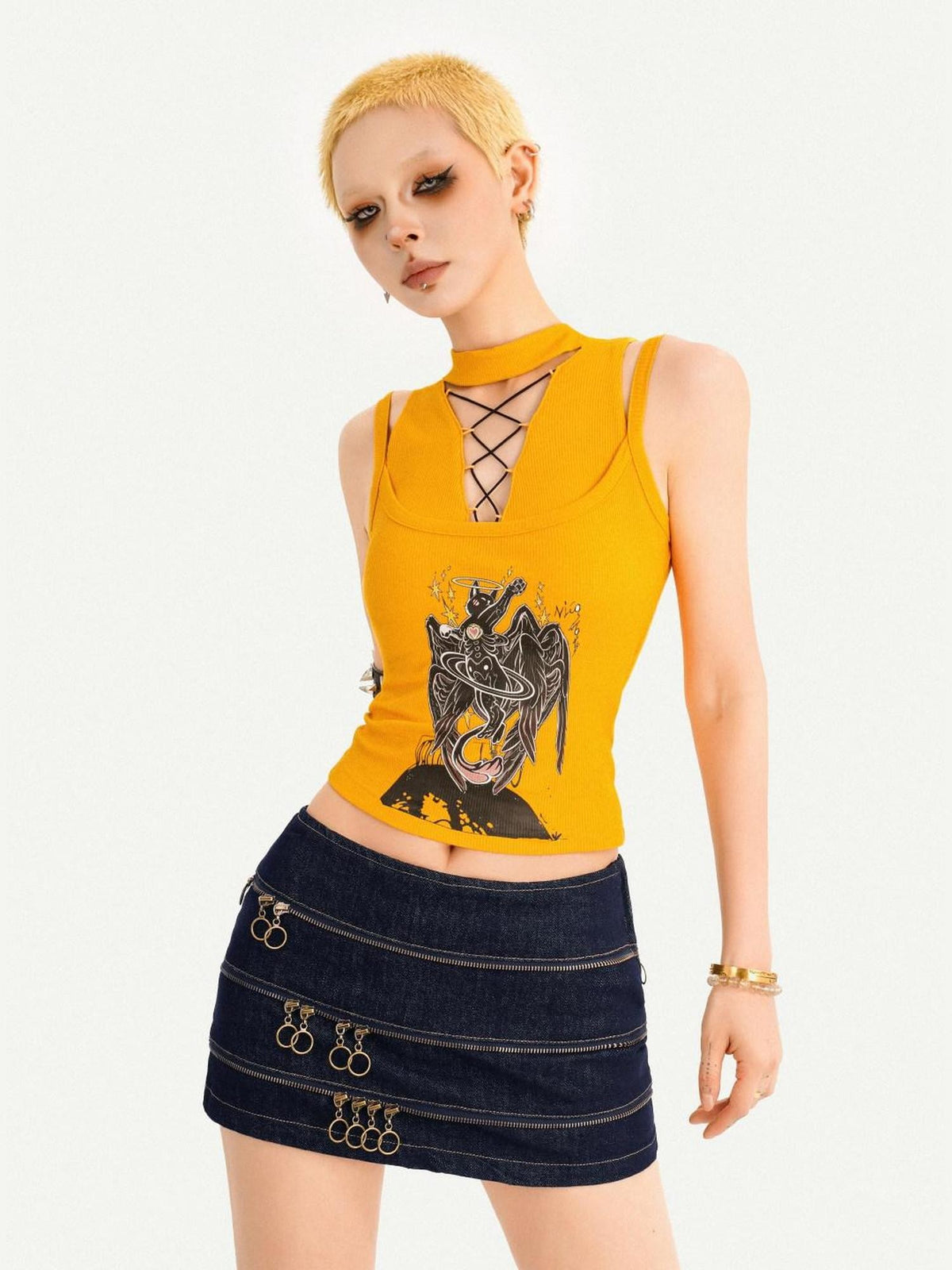 Nico Molly Yellow Printed Tie Front Padded Slim Fit Women&