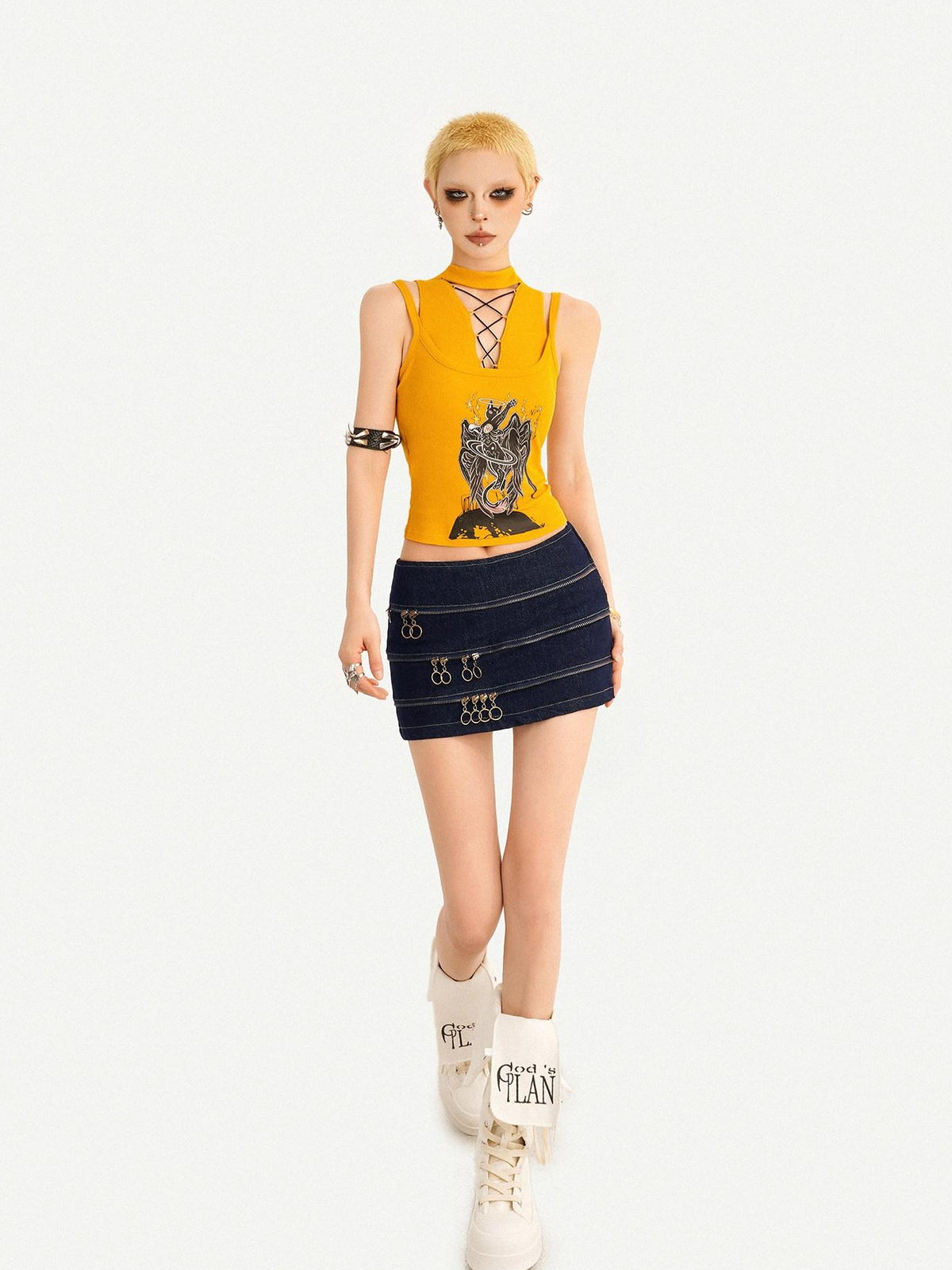 Nico Molly Yellow Printed Tie Front Padded Slim Fit Women&