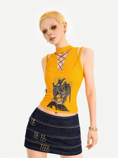 Nico Molly Yellow Printed Tie Front Padded Slim Fit Women&