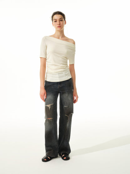 Northbutsouth Asymmetric Ruffle Hem Soft Fitted Top
