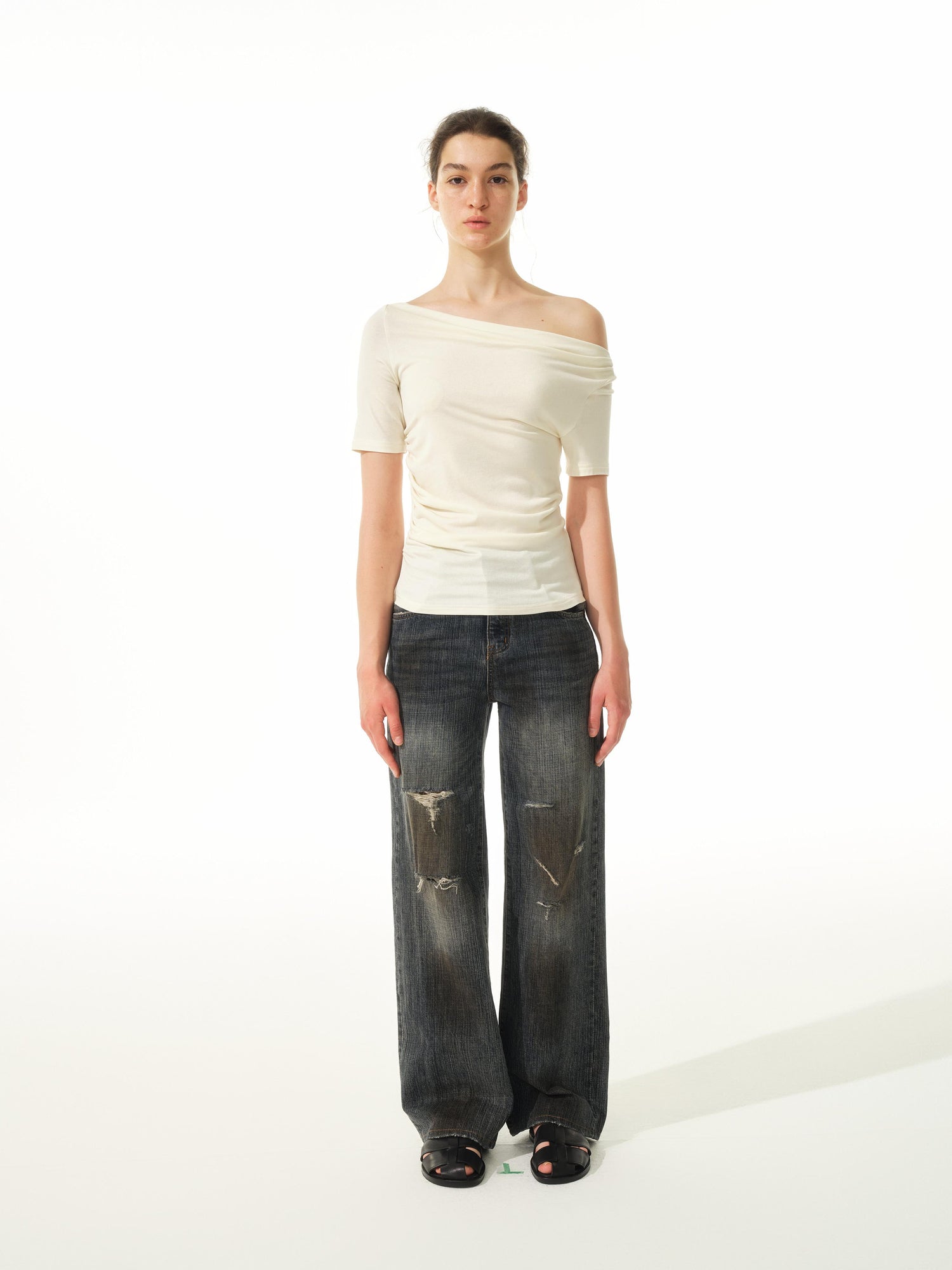 Northbutsouth Asymmetric Ruffle Hem Soft Fitted Top