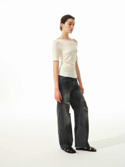 Northbutsouth Asymmetric Ruffle Hem Soft Fitted Top