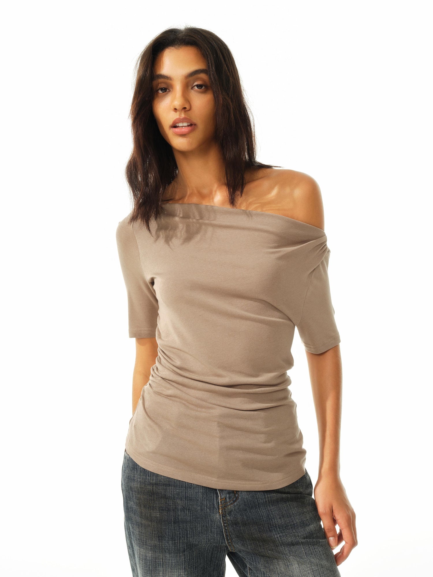 Northbutsouth Asymmetric Ruffle Hem Soft Fitted Top
