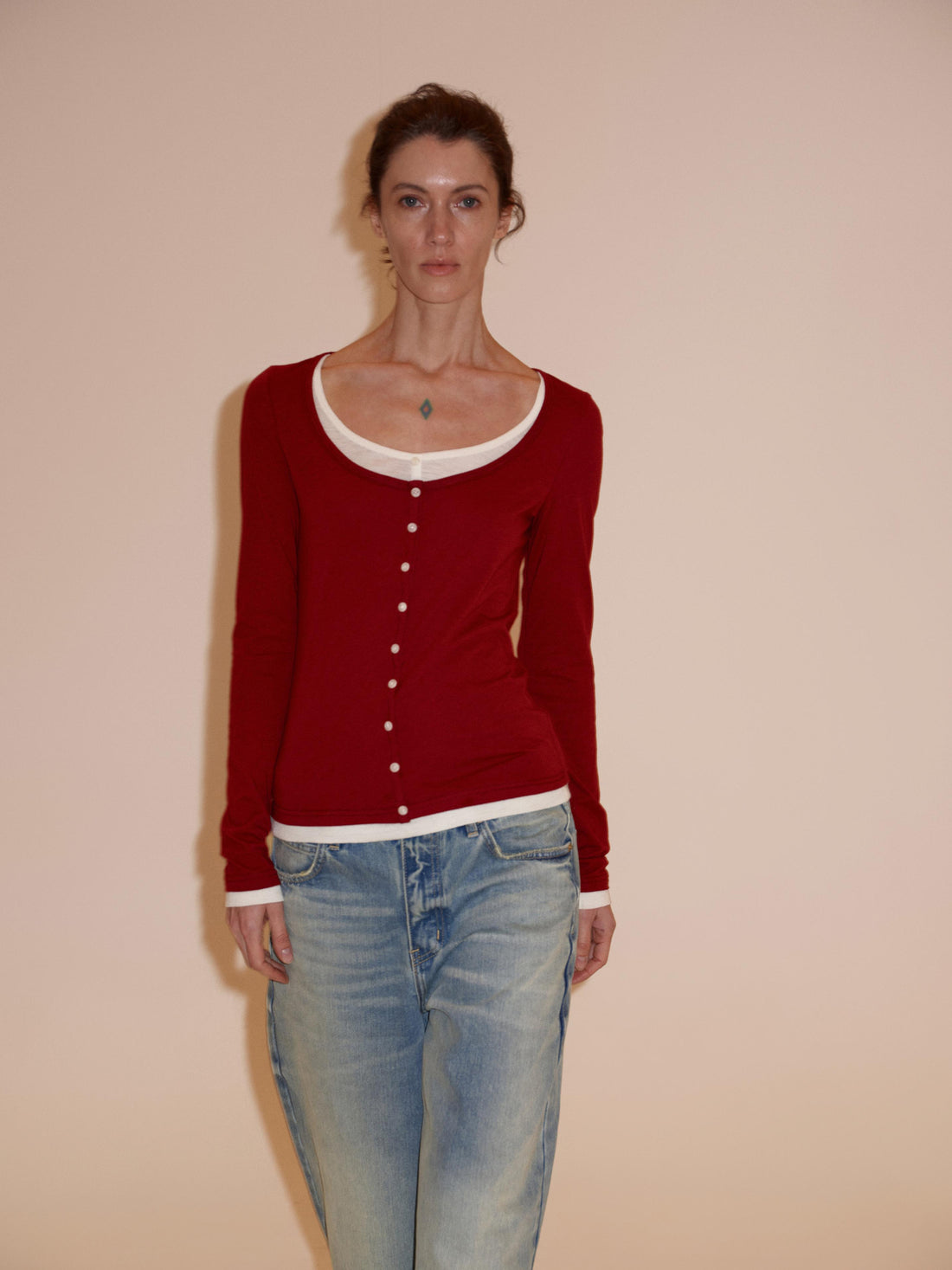 Northbutsouth Australian Wool V-neck Color Block Layered Knit Top
