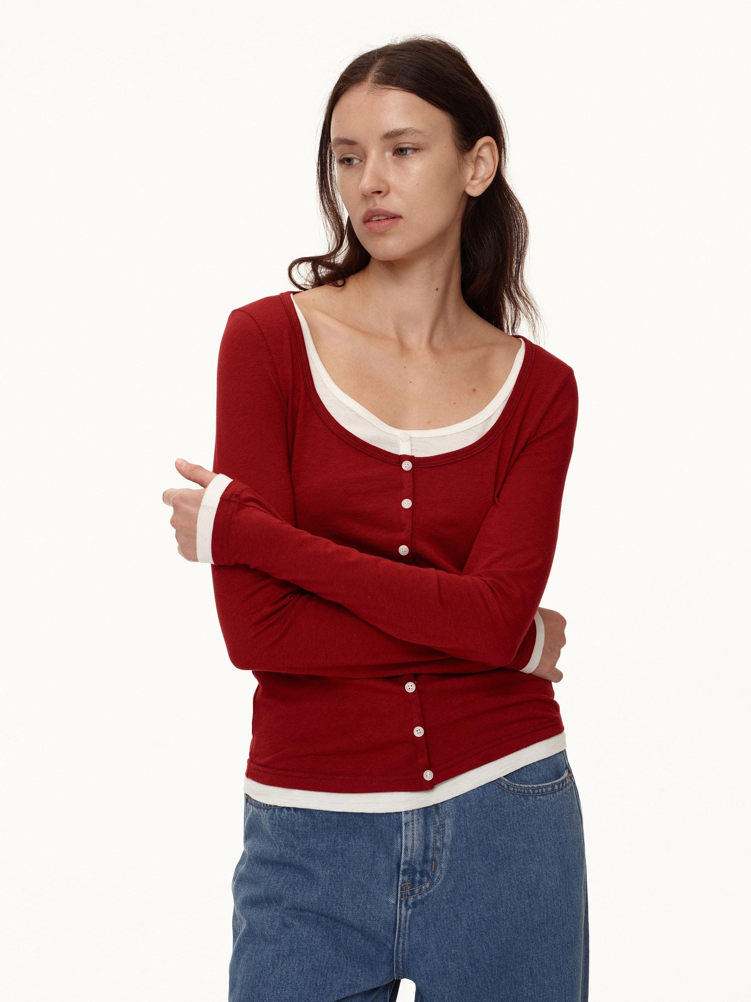 Northbutsouth Australian Wool V-neck Color Block Layered Knit Top