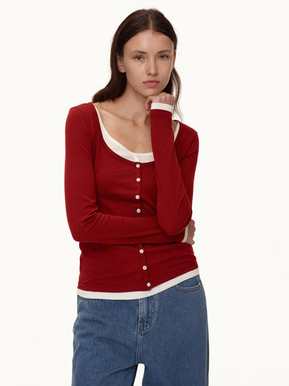 Northbutsouth Australian Wool V-neck Color Block Layered Knit Top