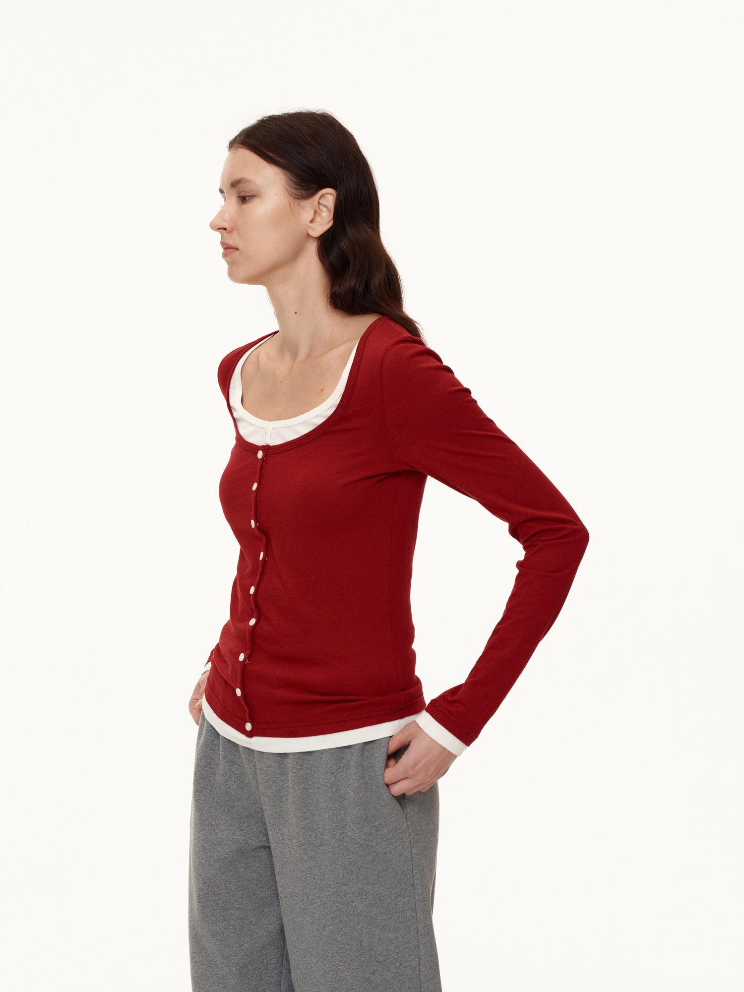 Northbutsouth Australian Wool V-neck Color Block Layered Knit Top