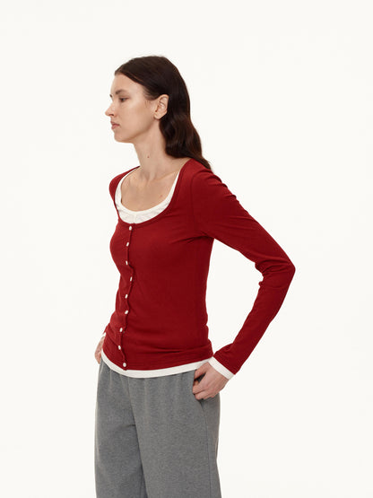 Northbutsouth Australian Wool V-neck Color Block Layered Knit Top