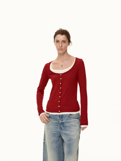 Northbutsouth Australian Wool V-neck Color Block Layered Knit Top