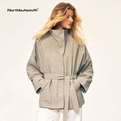 Northbutsouth_Bamboo_Texture_High_Stand_Collar_Asymmetric_Belted_Batwing_Sleeve_Women&