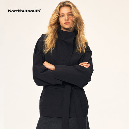 Northbutsouth_Bamboo_Texture_High_Stand_Collar_Asymmetric_Belted_Batwing_Sleeve_Women&