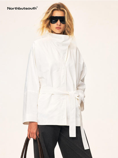 Northbutsouth Bamboo Texture High Stand Collar Asymmetric Belted Batwing Sleeve Women&