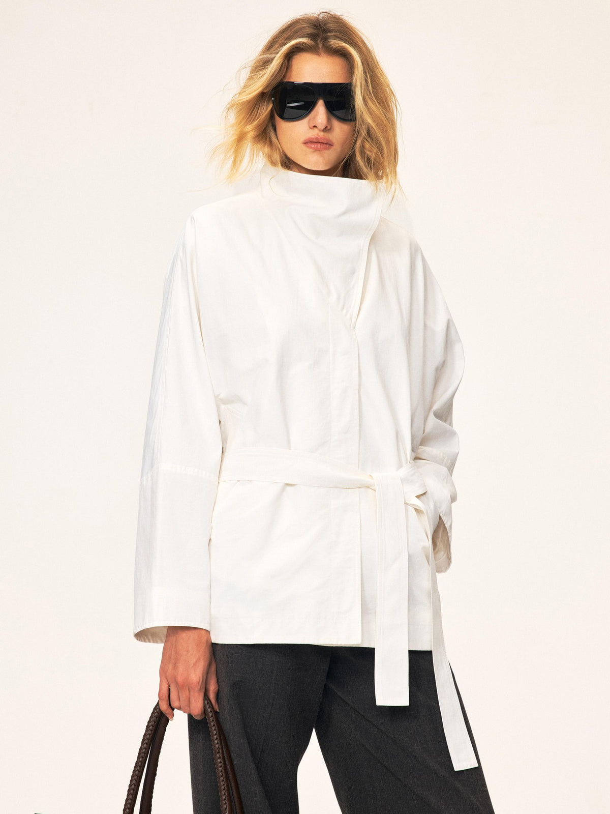 Northbutsouth Bamboo Texture High Stand Collar Asymmetric Belted Batwing Sleeve Women&