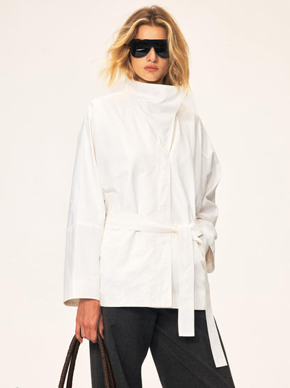 Northbutsouth Bamboo Texture High Stand Collar Asymmetric Belted Batwing Sleeve Women&