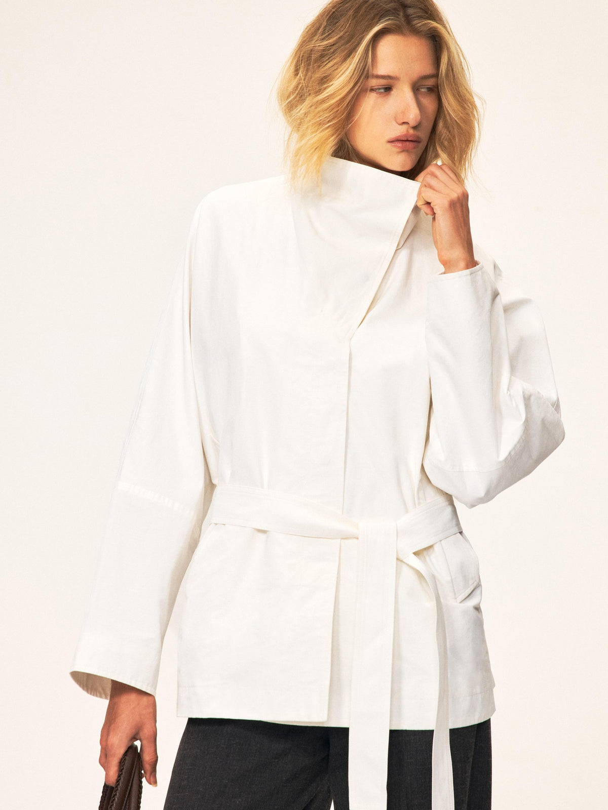 Northbutsouth Bamboo Texture High Stand Collar Asymmetric Belted Batwing Sleeve Women&