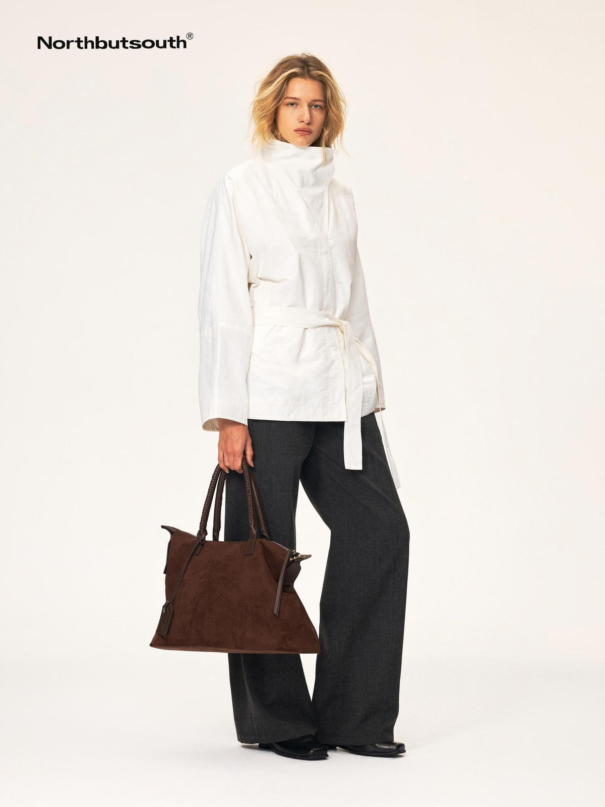Northbutsouth Bamboo Texture High Stand Collar Asymmetric Belted Batwing Sleeve Women&