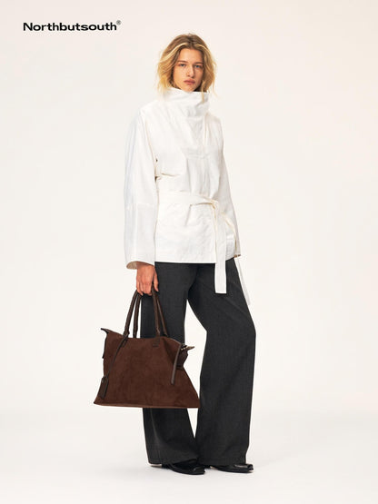 Northbutsouth Bamboo Texture High Stand Collar Asymmetric Belted Batwing Sleeve Women&