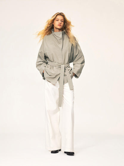 Northbutsouth Bamboo Texture High Stand Collar Asymmetric Belted Batwing Sleeve Women&