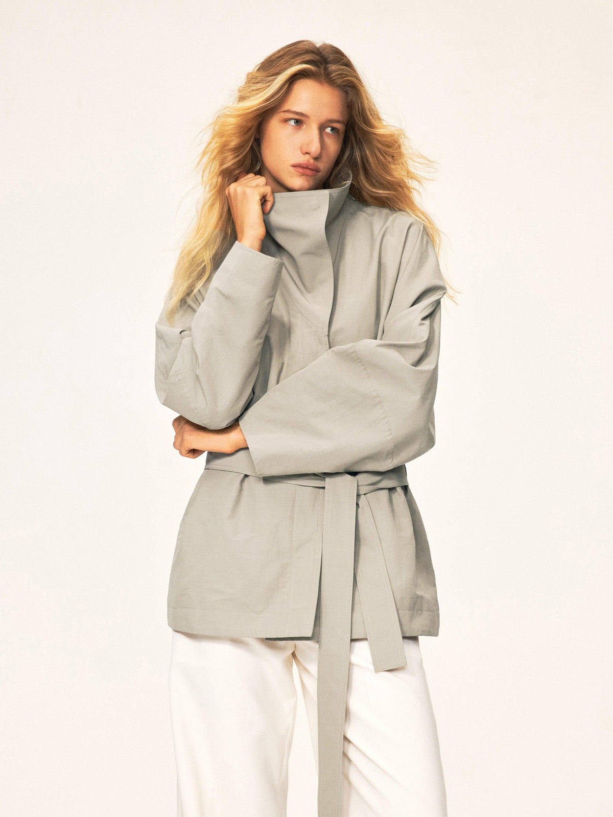 Northbutsouth Bamboo Texture High Stand Collar Asymmetric Belted Batwing Sleeve Women&