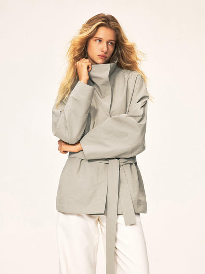 Northbutsouth Bamboo Texture High Stand Collar Asymmetric Belted Batwing Sleeve Women&