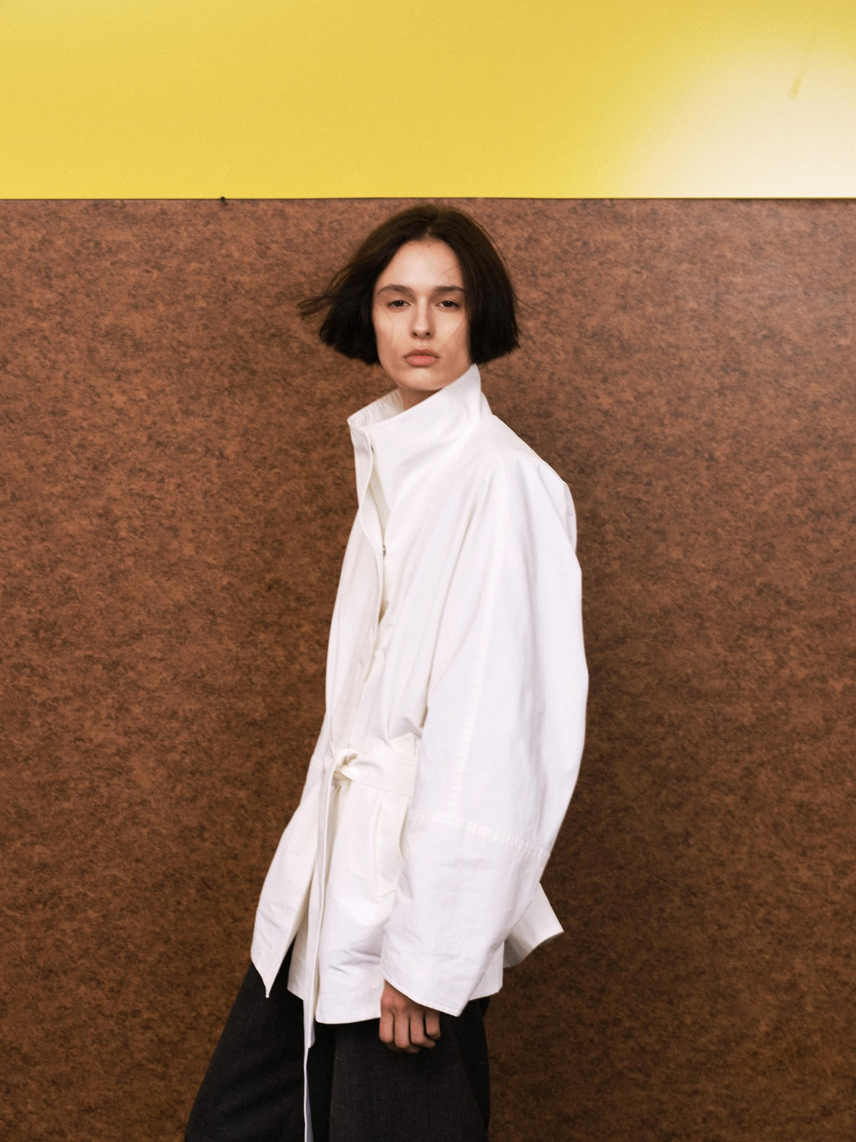 Northbutsouth Bamboo Texture High Stand Collar Asymmetric Belted Batwing Sleeve Women&