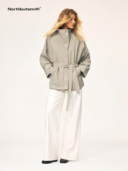 Northbutsouth Bamboo Texture High Stand Collar Asymmetric Belted Batwing Sleeve Women&