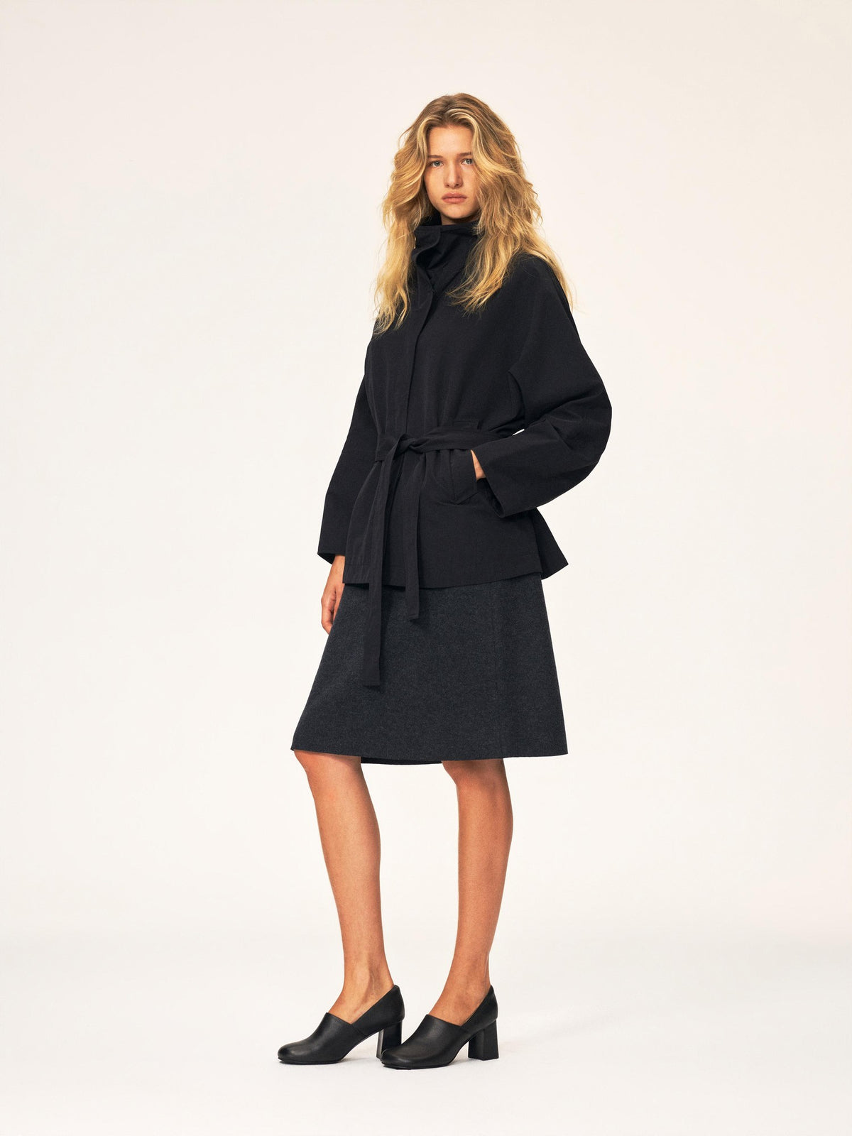 Northbutsouth Bamboo Texture High Stand Collar Asymmetric Belted Batwing Sleeve Women&