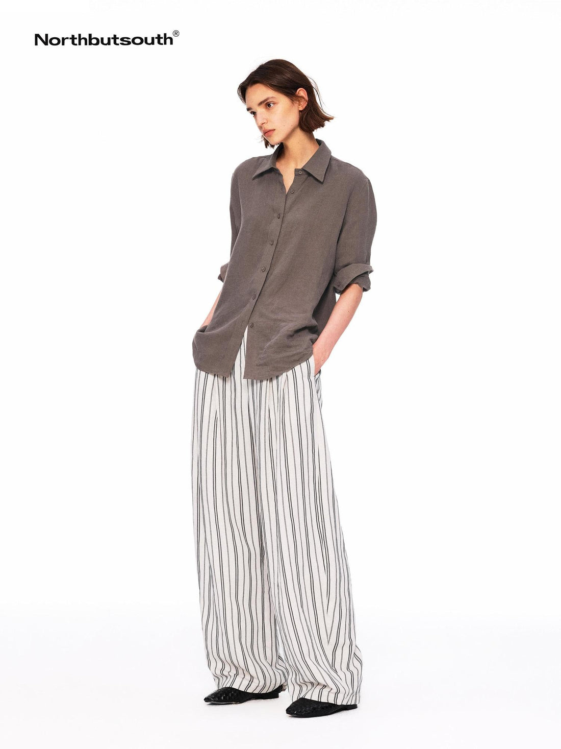 Northbutsouth Beige Striped Double Pleated Cocoon Low Waist Women&