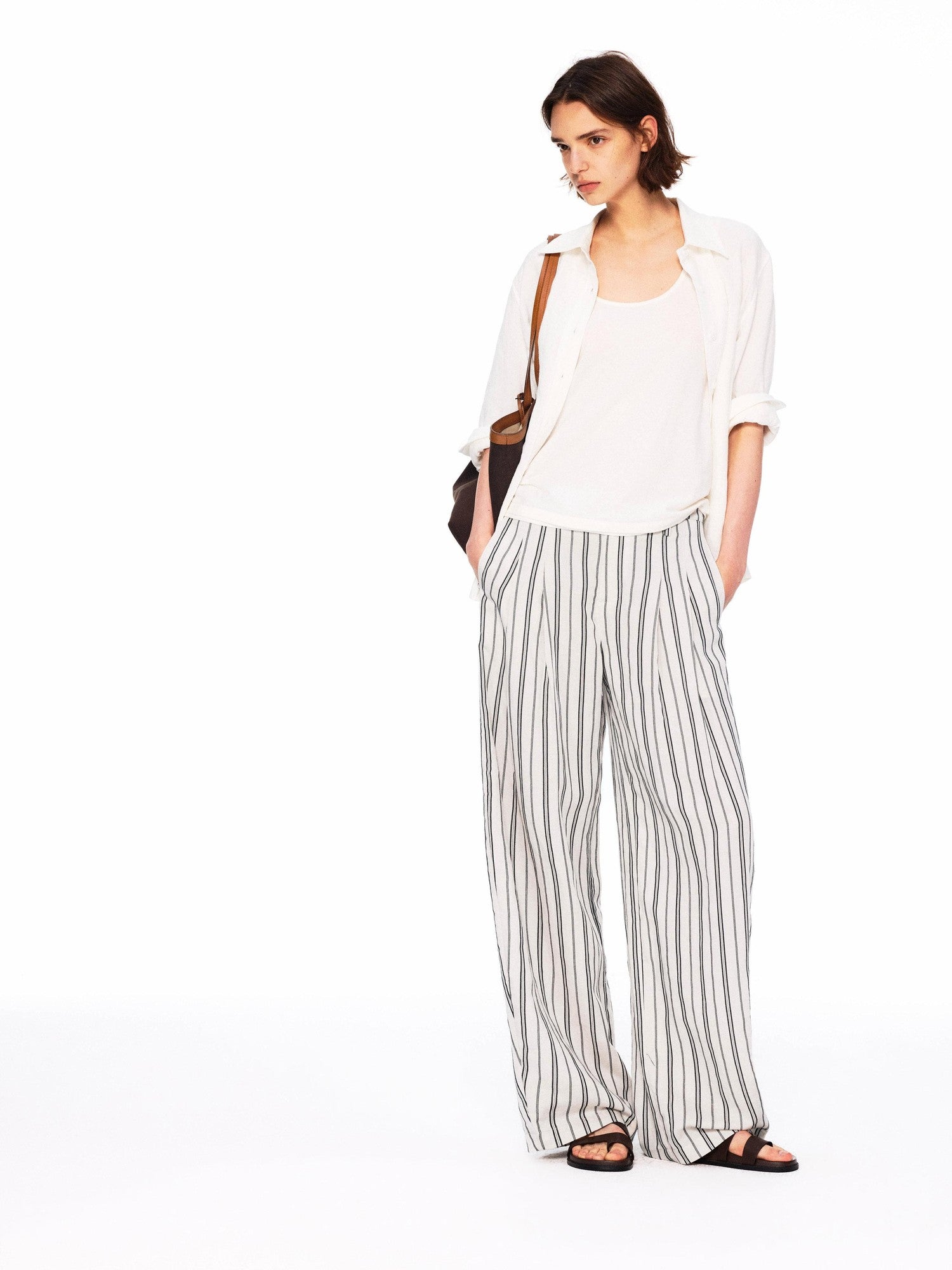Northbutsouth Beige Striped Double Pleated Cocoon Low Waist Women&