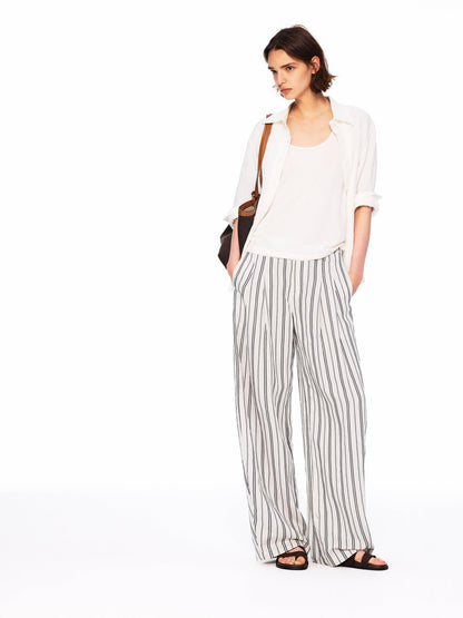 Northbutsouth Beige Striped Double Pleated Cocoon Low Waist Women&
