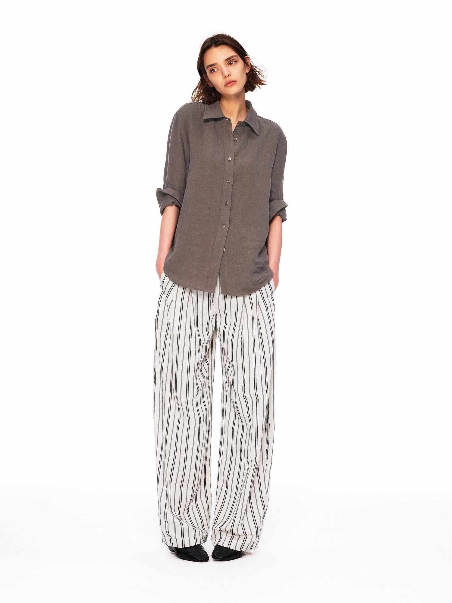 Northbutsouth Beige Striped Double Pleated Cocoon Low Waist Women&