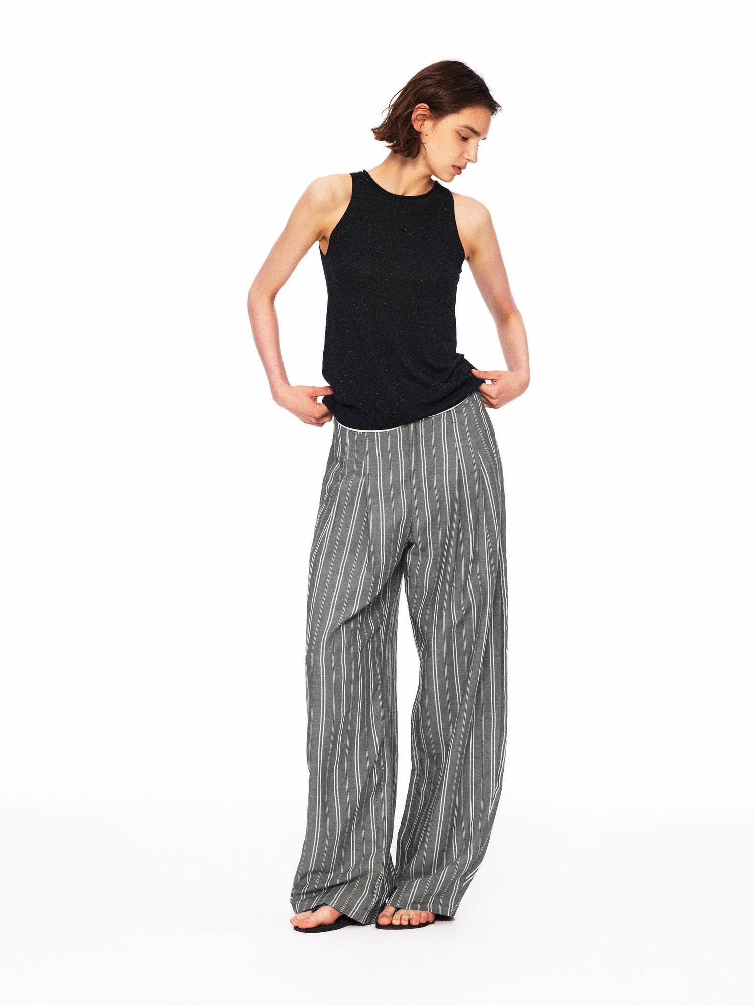 Northbutsouth Beige Striped Double Pleated Cocoon Low Waist Women&