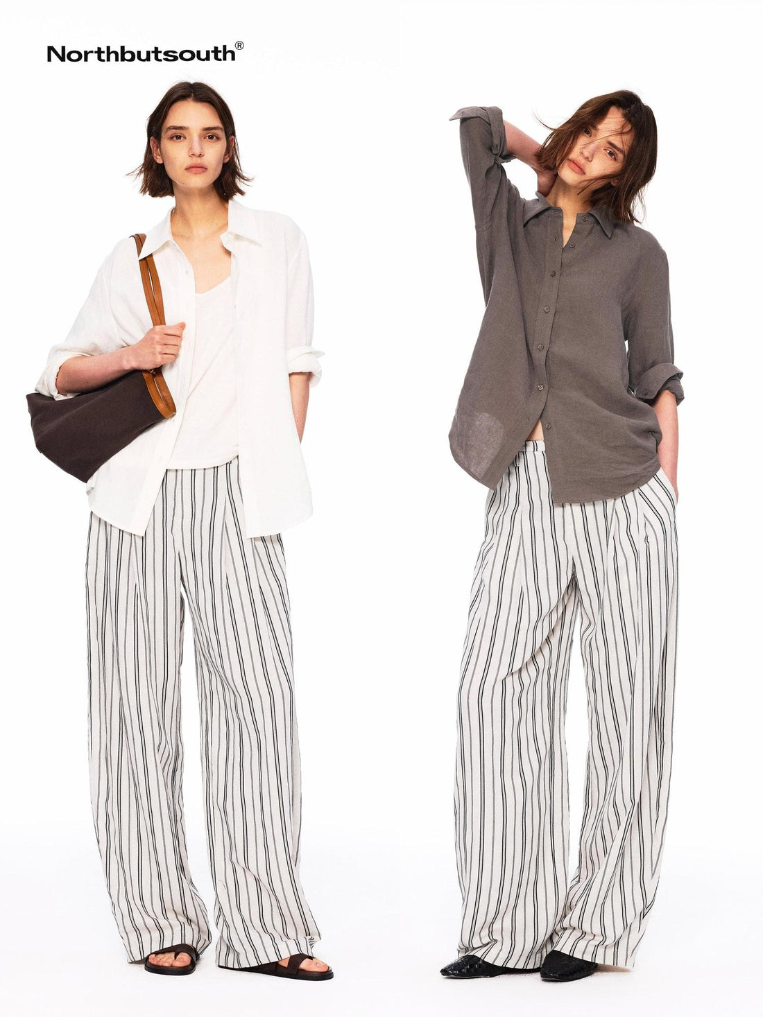 Northbutsouth Beige Striped Double Pleated Cocoon Low Waist Women&