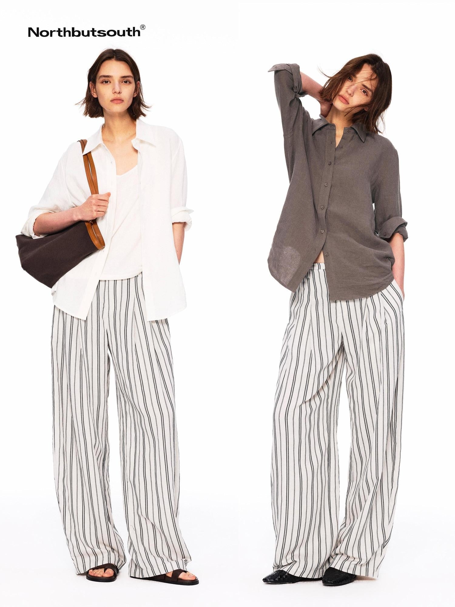 Northbutsouth Beige Striped Double Pleated Cocoon Low Waist Women&