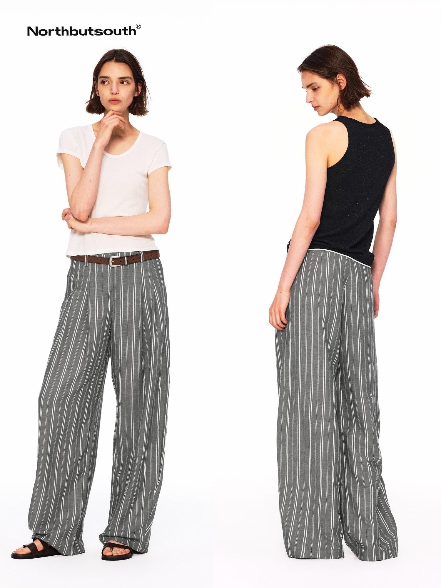 Northbutsouth Beige Striped Double Pleated Cocoon Low Waist Women&