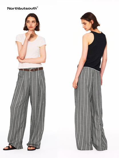 Northbutsouth Beige Striped Double Pleated Cocoon Low Waist Women&