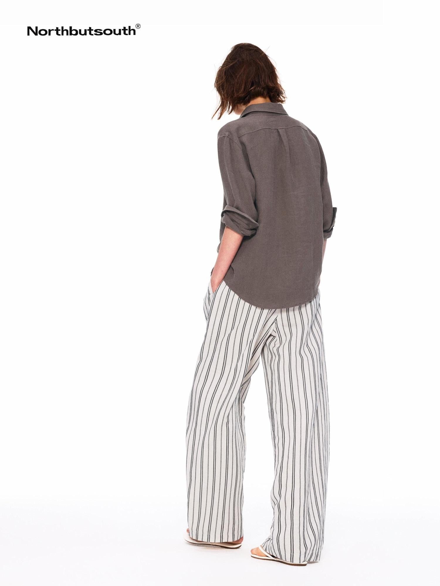 Northbutsouth Beige Striped Double Pleated Cocoon Low Waist Women&
