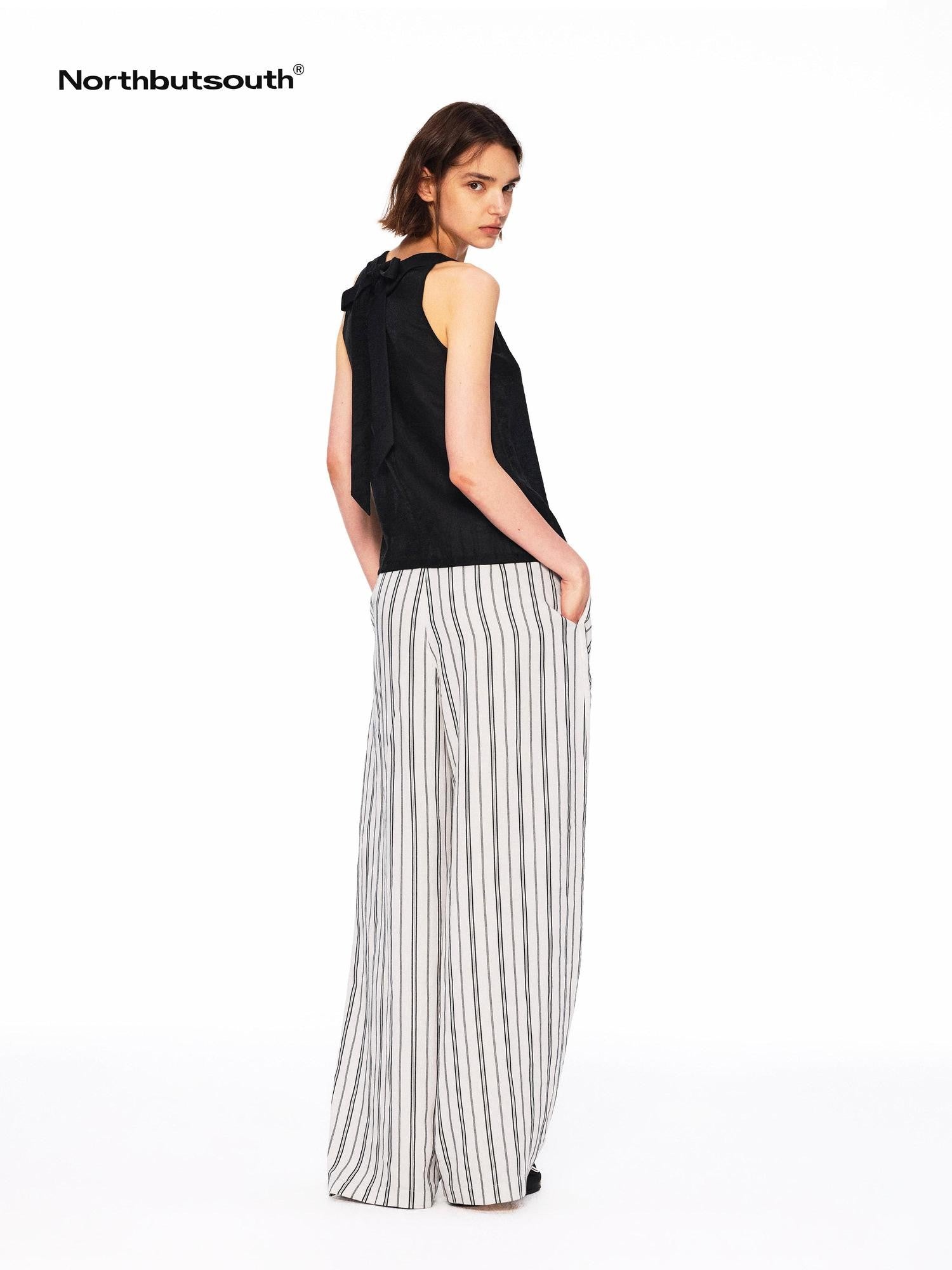 Northbutsouth Beige Striped Double Pleated Cocoon Low Waist Women&
